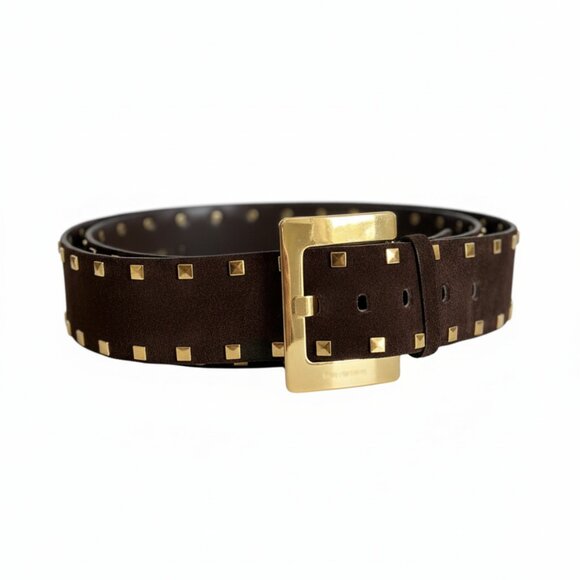 St. John Studded Brown Leather Belt w/ Bold Gold Buckle, Size 32 - Picture 2 of 5